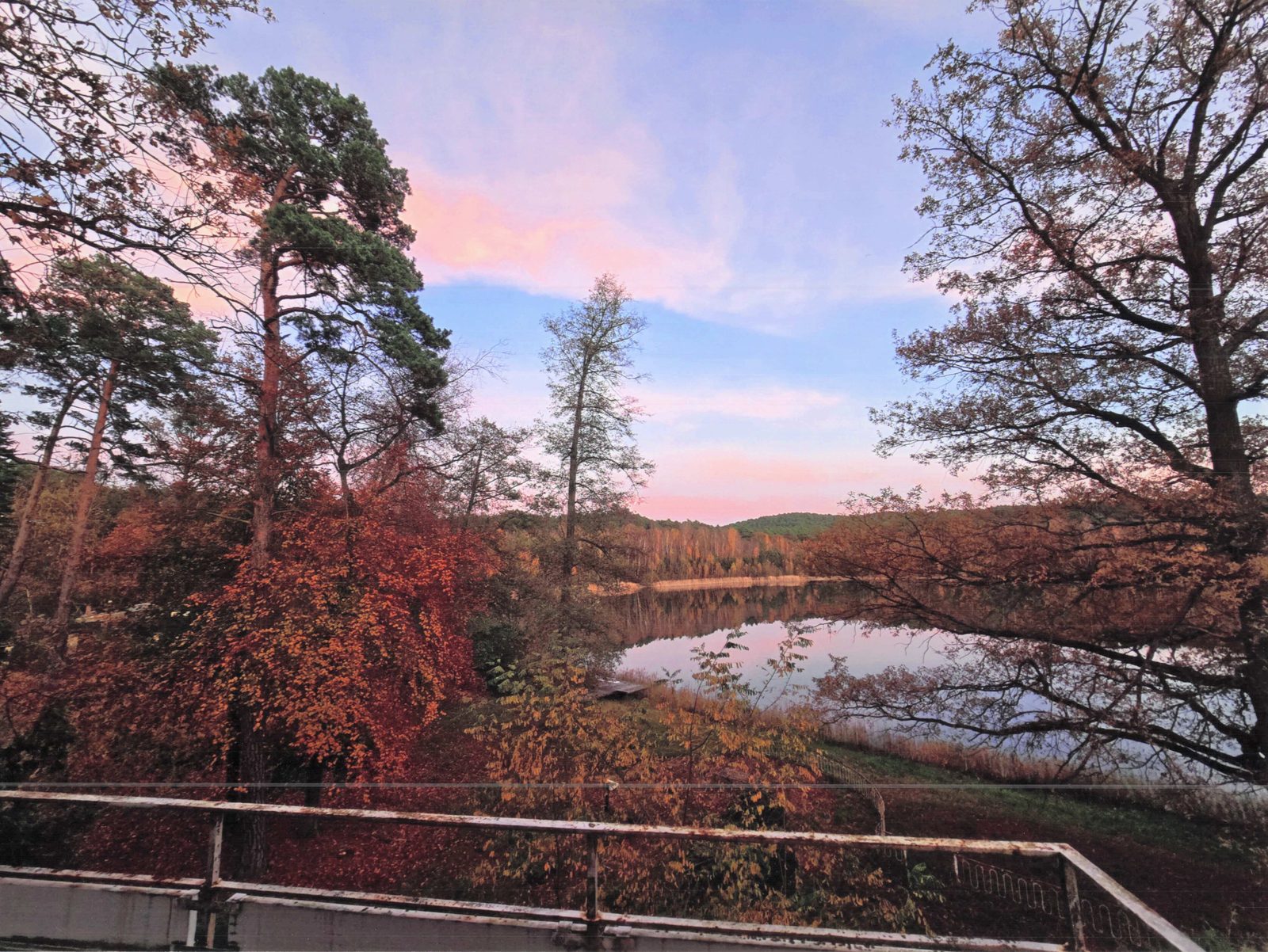 Herbstlicher See mit rotem Wald im Abendrot