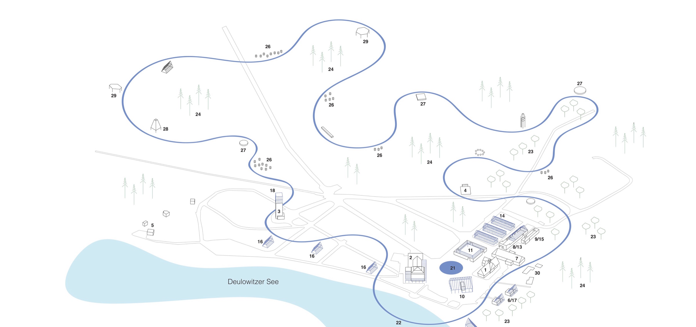 Masterplan des Seehof-Areals: Gebäude, Wegeschleife, Wald und Deulowitzer See